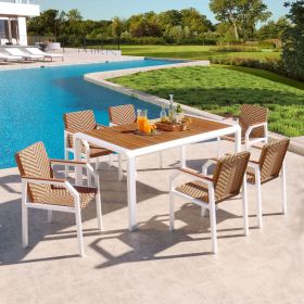7 Piece Patio Dining Table Set, Outdoor Wicker Furniture Set of 6 Chairs, Two Tone Weave Rattan, Acacia Wood Tabletop