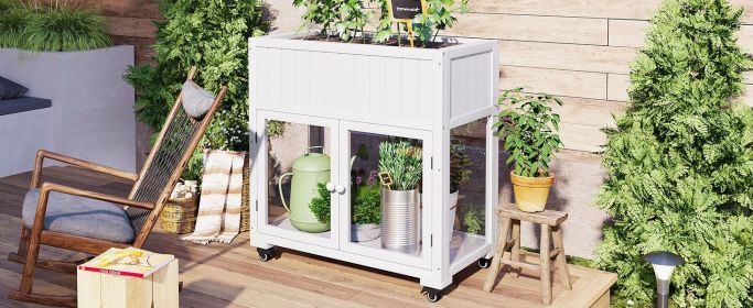 TOPMAX Patio 35.4''x17.7''x37.4'' Mini Wood Cold Frame, Compact 2 Doors Garden Greenhouse with Wheels, Raised Bed with Liner for Indoor Outdoor U