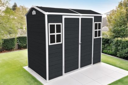 8x4ft Outdoor Resin Garden Shed with Floor and 2 Windows, Plastic Patio Outdoor Storage Shed with Lockable Door for Garden Tools, Bicycles, Trash