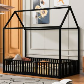 Double Metal Bed With Fence And Door, Black (Option: Twin)