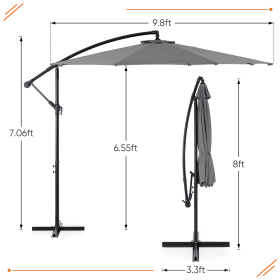 9.8FT Offset Patio Umbrella Hanging Cantilever Umbrella Outdoor Sun Shade With Easy Tilt Adjustment, 8 Ribs, UV Protection For Backyard, Lawn (Color: Grey)