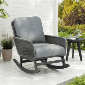 Contemporary Minimalist Ivory Wicker Rocking Chair With Soft Polyester Cushions And Durable Wooden Frame, Perfect For Indoor And Outdoor Spaces L (Option: Gray-1pcs)