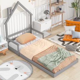 Twin House-Shaped Headboard Floor Bed With Handrails ,slats,Grey (Color: Grey)
