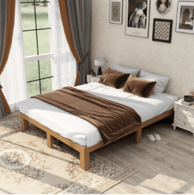 Large Wooden Platform Bed Frame, No Spring Box Required, Solid Wood Batten Support, Easy To Assemble (Option: Queen)