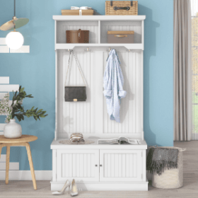 Hall Tree With Storage Shoe Bench For Entryway And Hallway, 4-in-1 Design Coat Racks With 4 Hooks For Living Room, White (Color: White)