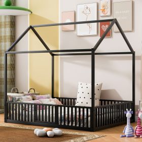 Full Size Metal House Bed With Fence And Door, Black (Color: Black)