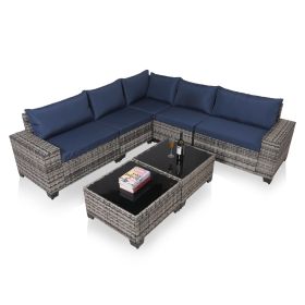 7-Piece Outdoor Patio Furniture Sets, All-Weather Wicker Rattan Sectional Sofa, Modern Two Glass Coffee Table And Washable Seat Cushion (Option: Grey Blue)