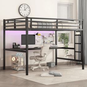 Metal Full XL Size Loft Bed With Power Outlet And LED Lighted, Space-Saving, Noise Reduced, Black (Color: Black)
