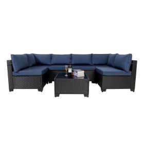 7 Pieces Outdoor Rattan Patio Sectional Set, Black Wicker Furniture Conversation Sets With Washable Cushions & Glass Coffee Table For Garden, Poo (Option: Black Blue)
