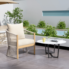 Modern Gray Curved Aluminum Lounge Chair With Stylish Rope-Weave Design And Cushioned Comfort, Perfect For Outdoor Living (Option: Beige Natural)