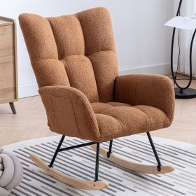 Rocking Chair With Pocket, Soft Teddy Fabric Rocking Chair For Nursery, Comfy Wingback Golider Rocking Chair With Safe Solid Wood Base For Living (Color: brown)