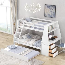 Twin Full Bunk Bed W  Trundle, Desk, 3 Drawers   Shelf - White (Color: White)