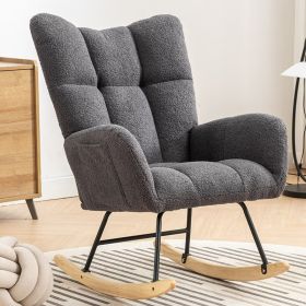 Rocking Chair With Pocket, Soft Teddy Fabric Rocking Chair For Nursery, Comfy Wingback Golider Rocking Chair With Safe Solid Wood Base For Living (Color: Grey)
