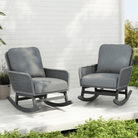 Contemporary Minimalist Ivory Wicker Rocking Chair With Soft Polyester Cushions And Durable Wooden Frame, Perfect For Indoor And Outdoor Spaces L (Option: Gray-2pcs)