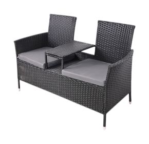 Outdoor Loveseat, 2 Seat Loveseat With Cushions And Built-in Coffee Table, Bench For Balcony Furniture Sets Non-removable Back Without Glass (Color: Black)