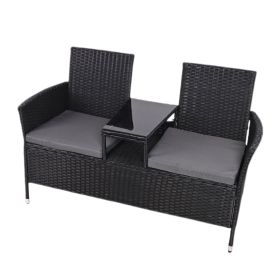 Outdoor Loveseat,2 Seat Loveseat With Cushions And Built In Coffee Table,Bench For Balcony Furniture Sets Removable Back With Glass (Color: Black)