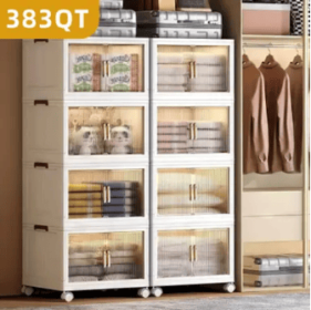 383 QT 25.6 Inch Wide Clear Door Foldable Storage Box  4-Tier Large Capacity Organizer, Easy Access, Space-Saving Foldable Design (Color: Beige)