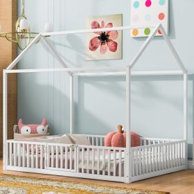 Full Size Metal House Bed With Fence And Door, White (Color: White)