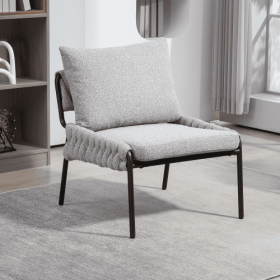 Modern Accent Lounge Chair With Braided Upholstery And Metal Frame, Comfortable Armchair For Living Room Or Bedroom, Soft Cushioned Seat And Back (Color: Grey)