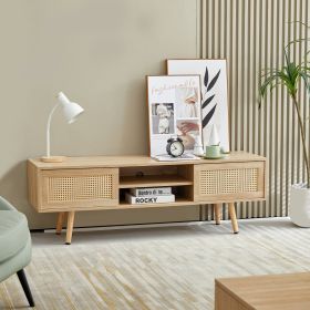 55.12  Rattan TV Cabinet With Sliding Doors  Adjustable Shelf   Solid Wood Legs (Option: Natural)