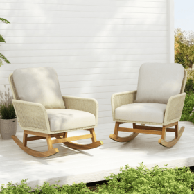Contemporary Minimalist Ivory Wicker Rocking Chair With Soft Polyester Cushions And Durable Wooden Frame, Perfect For Indoor And Outdoor Spaces L (Option: Ivory-2pcs)