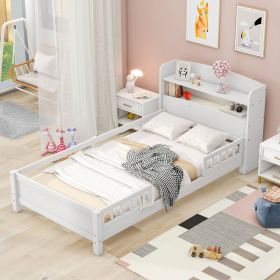 Twin Size Wood Platform Bed With LED, Storage Headboard & Guardrail, White (Color: White)