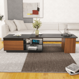 Extendable Coffee Table, Length Adjustable Wood Coffee Table With 2 Storage Drawers For Living Room, Large Long Rectangular Center Table (Color: Black)