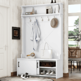 Hall Tree With Top Shelf And Storage Bench, Hallway Shoe Cabinet With Sliding Doors, Coat Rack With 5 Hanging Hooks For Entryways Hallways (Option: Off White)