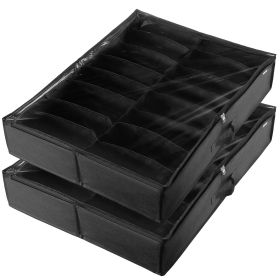 Vevor Sturdy Under Bed Shoe Storage Organizer, Set Of 2, 32 Compartments, Underbed Shoes Closet Storage Solution With Clear Window, Breathable, (Color: Black)