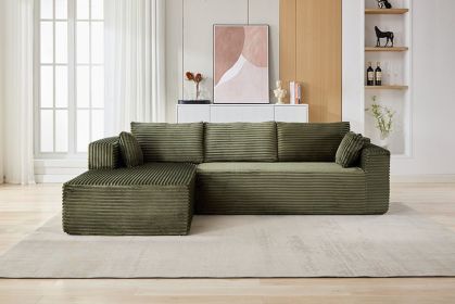 L-Shaped Compression Sofa Bed With Corduroy Fabric - Convertible Sectional Sofa, Foldable Floor Couch Sleeper, Space-Saving Flannel-Like Lounge F (Color: Green)
