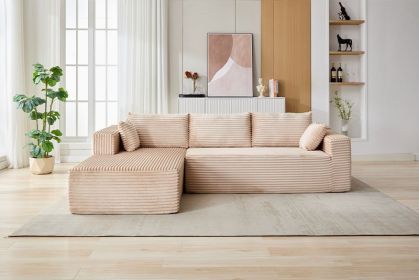 L-Shaped Compression Sofa Bed, Convertible Sectional Sofa With Pillow Back Support - Foldable Floor Couch Lounger, Corduroy Fabric Futon Sleeper (Color: Beige)