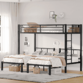 Twin Over Twin & Twin Bunk Beds For 3, Twin XL Over Twin & Twin Bunk Bed Metal Triple Bunk Bed, Black (Color: Black)
