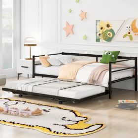 Twin Size Metal Daybed With Adjustable Trundle Up Trundle, Black (Color: Black)
