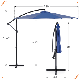9.8FT Offset Patio Umbrella Hanging Cantilever Umbrella Outdoor Sun Shade With Easy Tilt Adjustment, 8 Ribs, UV Protection For Backyard, Lawn (Color: Blue)