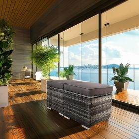 2 Wicker Ottomans, Multipurpose Outdoor Furniture for Patio, Backyard, Additional Seating, Footrest, Side Table w/Storage, Removable Cushions (Main Color: Grey, Main Material: Rattan)