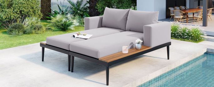 TOPMAX Modern Outdoor Daybed Patio Metal Daybed with Wood Topped Side Spaces for Drinks, 2 in 1 Padded Chaise Lounges for Poolside, Balcony, Deck (Color: as Pic)