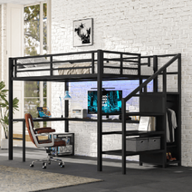 Full Size Loft Bed With L-shaped Desk And USB, Metal Loft Bed With Wardrobe And Adjustable Shelf, High Loft Bed With LED For Kids Teens Adults, B (Color: Black)