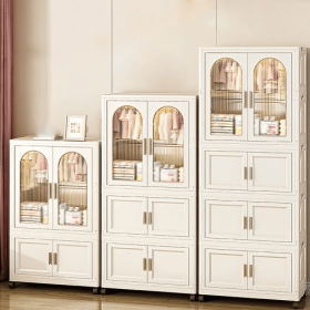25.59 Side Wide Folding Wardrobe , 25.59x15.75x70.87 , With Magnetic Door, Plastic Storage Cabinet With Wheels One Layer Of Wardrobe X Three Laye (Option: Cream White)