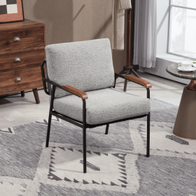 Modern Accent Chair With Natural Wood Armrests And Black Metal Frame, Light Beige Upholstered Seat And Backrest, Comfortable Lounge Chair For Bed (Color: Grey)