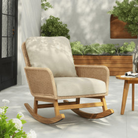 Contemporary Minimalist Ivory Wicker Rocking Chair With Soft Polyester Cushions And Durable Wooden Frame, Perfect For Indoor And Outdoor Spaces L (Option: Beige-1PCS)