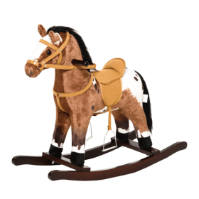 Qaba Kids Metal Plush Ride-On Rocking Horse Chair Toy With Realistic Sounds - Dark Brown White (Option: Dark Brown)