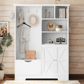 Multi-functional Hall Tree With Storage Shelves Drawers And Cabinet, Elegant Hallway Shoe Cabinet With Bench, Modern Coat Rack With Hooks For Hal (Option: Soft White)