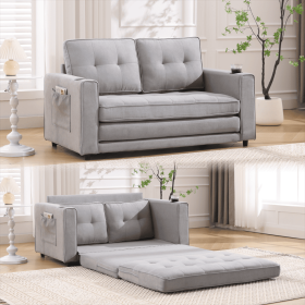 3-in-1 Upholstered Futon Sofa Convertible Sofa Bed,Foldable Tufted Loveseat With Pull Out Sleeper Couch Bed (Option: Light gray)