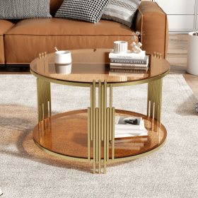 Modern Brown Glass Coffee Table, Asymmetrical Metal, Circular Metal Drum Base, Gold Finish  Lower Shelf (Color: brown)