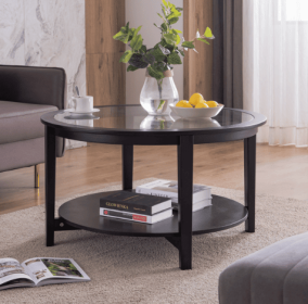 Round Glass Topped Solid Wood Storage Coffee Table, Black (Color: Black)