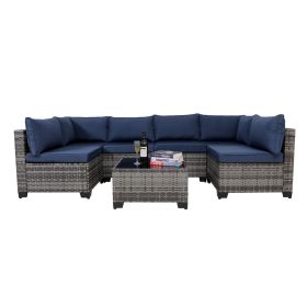 7 Pieces Outdoor Rattan Patio Sectional Set, Black Wicker Furniture Conversation Sets With Washable Cushions & Glass Coffee Table For Garden, Poo (Option: Grey Blue)