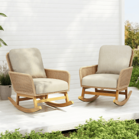 Contemporary Minimalist Ivory Wicker Rocking Chair With Soft Polyester Cushions And Durable Wooden Frame, Perfect For Indoor And Outdoor Spaces L (Option: Beige-2PCS)