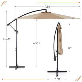 9.8FT Offset Patio Umbrella Hanging Cantilever Umbrella Outdoor Sun Shade With Easy Tilt Adjustment, 8 Ribs, UV Protection For Backyard, Lawn (Color: Khaki)